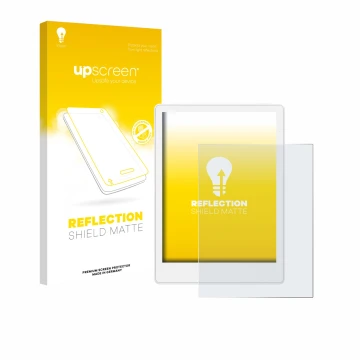 Parte frontal de un envase de producto con el logotipo de la marca upscreen. Al lado se muestra el dispositivo Meebook M8 7.8