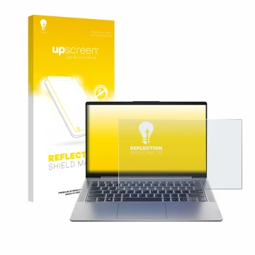 Parte frontal de un envase de producto con el logotipo de la marca upscreen. Al lado se muestra el dispositivo Lenovo IdeaPad 