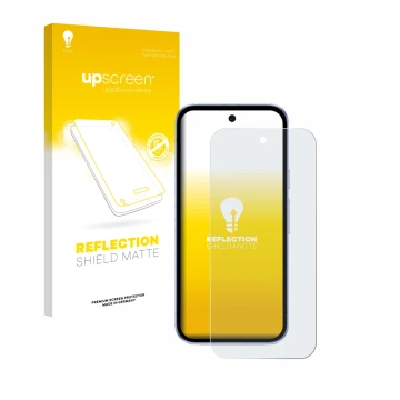 Parte frontal de un envase de producto con el logotipo de la marca upscreen. Al lado se muestra el dispositivo Google Pixel 9a