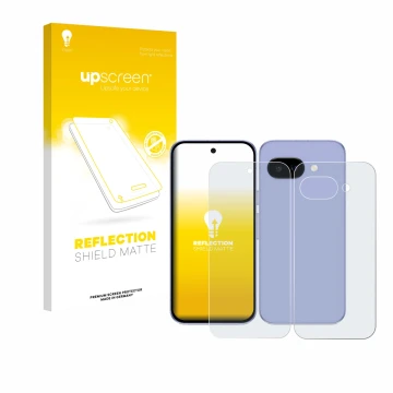 Parte frontal de un envase de producto con el logotipo de la marca upscreen. Al lado se muestra el dispositivo Google Pixel 9a