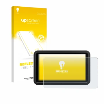 Parte frontal de un envase de producto con el logotipo de la marca upscreen. Al lado se muestra el dispositivo Atomos Shinobi 