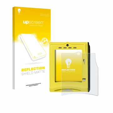 Parte frontal de un envase de producto con el logotipo de la marca upscreen. Al lado se muestra el dispositivo Nayax VPOS TOUC