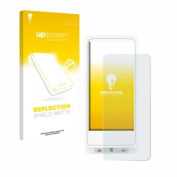 Parte frontal de un envase de producto con el logotipo de la marca upscreen. Al lado se muestra el dispositivo Clover Flex con