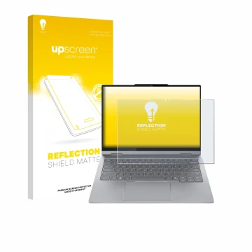 Parte frontal de un envase de producto con el logotipo de la marca upscreen. Al lado se muestra el dispositivo Lenovo ThinkBoo