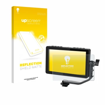 Parte frontal de un envase de producto con el logotipo de la marca upscreen. Al lado se muestra el dispositivo Feelworld F5 PR