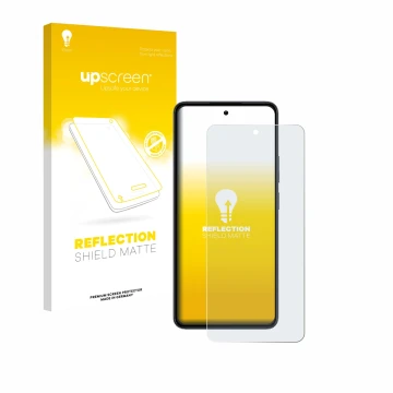 Parte frontal de un envase de producto con el logotipo de la marca upscreen. Al lado se muestra el dispositivo realme 14 con s