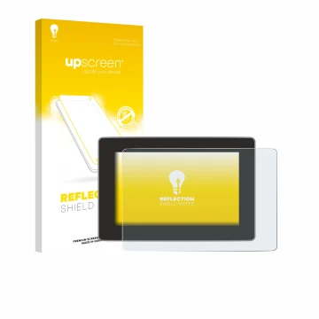 Parte frontal de un envase de producto con el logotipo de la marca upscreen. Al lado se muestra el dispositivo Tesla Model Y J