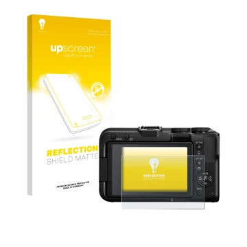 Parte frontal de un envase de producto con el logotipo de la marca upscreen. Al lado se muestra el dispositivo Canon EOS R50 V