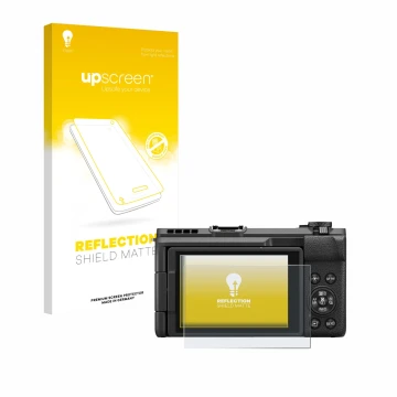 Parte frontal de un envase de producto con el logotipo de la marca upscreen. Al lado se muestra el dispositivo Canon PowerShot