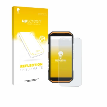 Parte frontal de un envase de producto con el logotipo de la marca upscreen. Al lado se muestra el dispositivo Ulefone Armor X