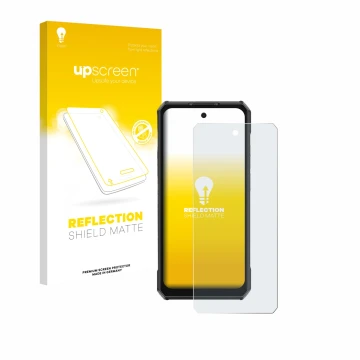 Parte frontal de un envase de producto con el logotipo de la marca upscreen. Al lado se muestra el dispositivo Ulefone Armor 3
