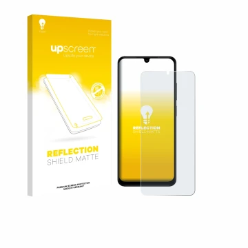 Parte frontal de un envase de producto con el logotipo de la marca upscreen. Al lado se muestra el dispositivo Xiaomi Redmi A5