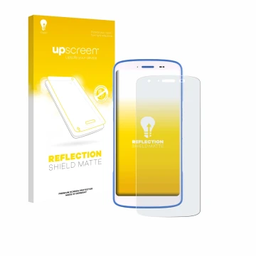 Parte frontal de un envase de producto con el logotipo de la marca upscreen. Al lado se muestra el dispositivo Zebra HC 25 con