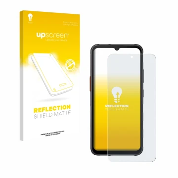 Parte frontal de un envase de producto con el logotipo de la marca upscreen. Al lado se muestra el dispositivo Samsung Galaxy 