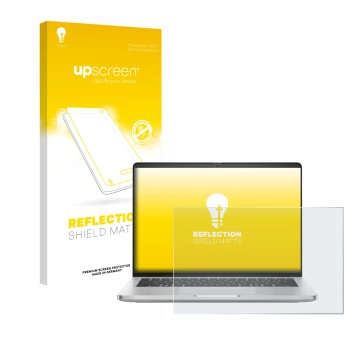 Parte frontal de un envase de producto con el logotipo de la marca upscreen. Al lado se muestra el dispositivo Dell Pro 14 Plu