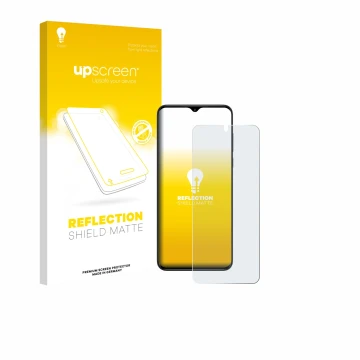 Parte frontal de un envase de producto con el logotipo de la marca upscreen. Al lado se muestra el dispositivo ZTE Nubia Neo c