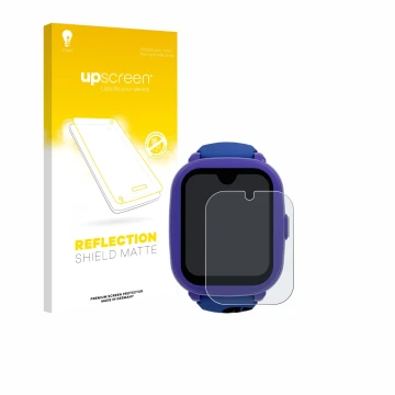 Parte frontal de un envase de producto con el logotipo de la marca upscreen. Al lado se muestra el dispositivo SaveFamily Icon