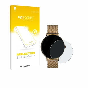 Parte frontal de un envase de producto con el logotipo de la marca upscreen. Al lado se muestra el dispositivo ZenWatch Venice