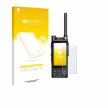 Parte frontal de un envase de producto con el logotipo de la marca upscreen. Al lado se muestra el dispositivo Hytera PDC680 c