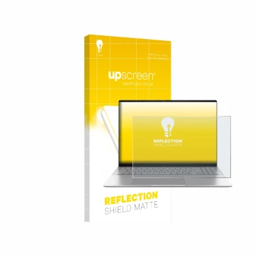 Parte frontal de un envase de producto con el logotipo de la marca upscreen. Al lado se muestra el dispositivo ASUS Vivobook S