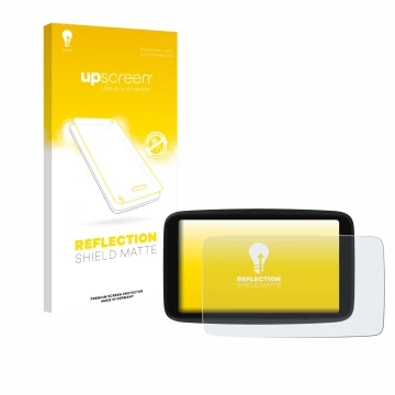 Parte frontal de un envase de producto con el logotipo de la marca upscreen. Al lado se muestra el dispositivo TomTom Go Navig