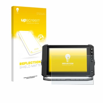 Parte frontal de un envase de producto con el logotipo de la marca upscreen. Al lado se muestra el dispositivo Lowrance Elite 