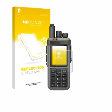 Parte frontal de un envase de producto con el logotipo de la marca upscreen. Al lado se muestra el dispositivo Radtel RT-880 c