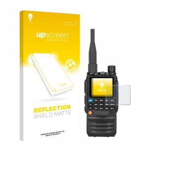 Parte frontal de un envase de producto con el logotipo de la marca upscreen. Al lado se muestra el dispositivo Tidradio TD-H3 