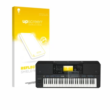 Parte frontal de un envase de producto con el logotipo de la marca upscreen. Al lado se muestra el dispositivo Yamaha PSR-SX72