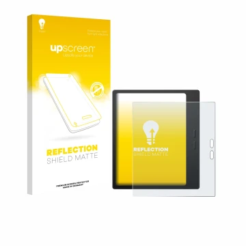 Parte frontal de un envase de producto con el logotipo de la marca upscreen. Al lado se muestra el dispositivo Boox Go 7 con s