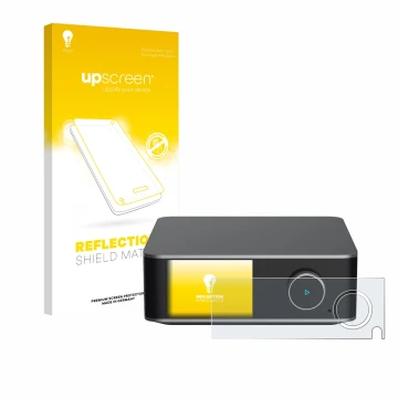 Parte frontal de un envase de producto con el logotipo de la marca upscreen. Al lado se muestra el dispositivo WiiM Ultra con 