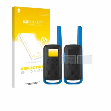 Parte frontal de un envase de producto con el logotipo de la marca upscreen. Al lado se muestra el dispositivo Motorola TALKAB