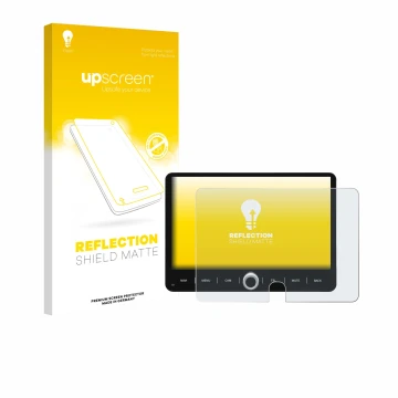 Parte frontal de un envase de producto con el logotipo de la marca upscreen. Al lado se muestra el dispositivo Dynavin D9-JP P
