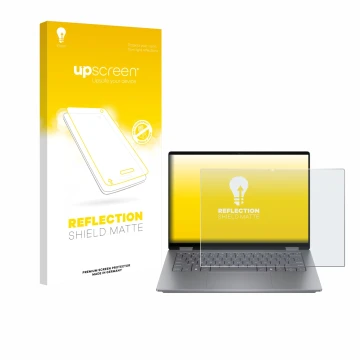 Parte frontal de un envase de producto con el logotipo de la marca upscreen. Al lado se muestra el dispositivo HP OmniBook X F