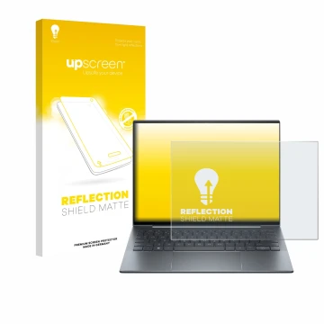 Parte frontal de un envase de producto con el logotipo de la marca upscreen. Al lado se muestra el dispositivo HP Dragonfly 13