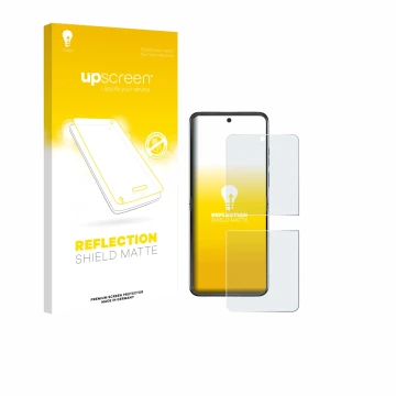 Parte frontal de un envase de producto con el logotipo de la marca upscreen. Al lado se muestra el dispositivo Motorola Razr 6