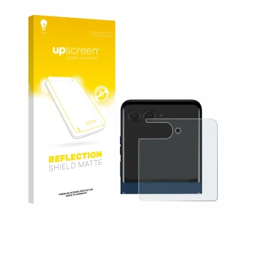 Parte frontal de un envase de producto con el logotipo de la marca upscreen. Al lado se muestra el dispositivo Motorola Razr 6