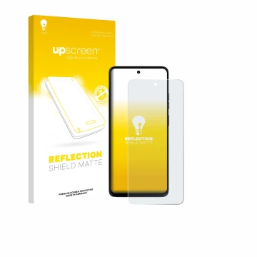Parte frontal de un envase de producto con el logotipo de la marca upscreen. Al lado se muestra el dispositivo Motorola Moto G