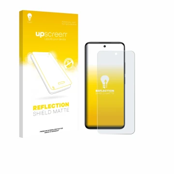 Parte frontal de un envase de producto con el logotipo de la marca upscreen. Al lado se muestra el dispositivo TCL 60 5G con s