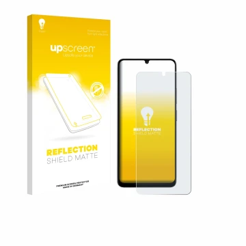 Parte frontal de un envase de producto con el logotipo de la marca upscreen. Al lado se muestra el dispositivo Doogee Note 59 