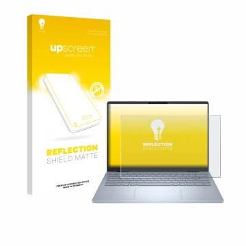 Parte frontal de un envase de producto con el logotipo de la marca upscreen. Al lado se muestra el dispositivo Dell 14 Plus La
