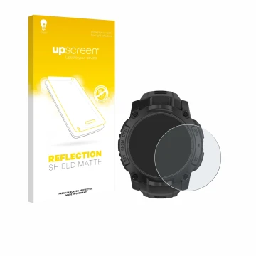 Parte frontal de un envase de producto con el logotipo de la marca upscreen. Al lado se muestra el dispositivo Garmin Instinct