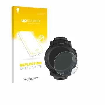 Parte frontal de un envase de producto con el logotipo de la marca upscreen. Al lado se muestra el dispositivo Garmin Instinct