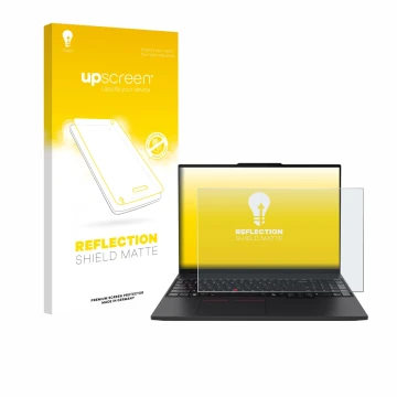 Parte frontal de un envase de producto con el logotipo de la marca upscreen. Al lado se muestra el dispositivo Lenovo ThinkPad