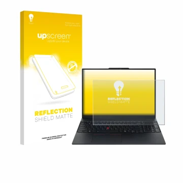 Parte frontal de un envase de producto con el logotipo de la marca upscreen. Al lado se muestra el dispositivo Lenovo ThinkPad