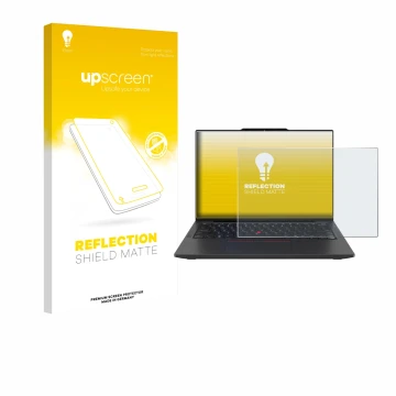 Parte frontal de un envase de producto con el logotipo de la marca upscreen. Al lado se muestra el dispositivo Lenovo ThinkPad