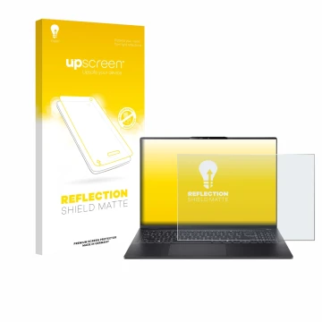 Parte frontal de un envase de producto con el logotipo de la marca upscreen. Al lado se muestra el dispositivo Acer Swift 16 A