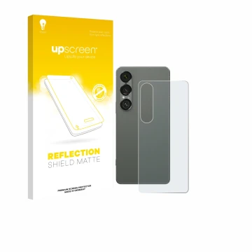 Parte frontal de un envase de producto con el logotipo de la marca upscreen. Al lado se muestra el dispositivo Sony Xperia 1 V