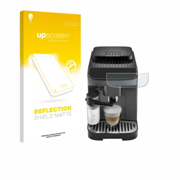 Parte frontal de un envase de producto con el logotipo de la marca upscreen. Al lado se muestra el dispositivo DeLonghi Magnif