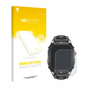 Parte frontal de un envase de producto con el logotipo de la marca upscreen. Al lado se muestra el dispositivo Oukitel BT80 co